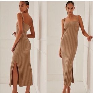 Elegant Tan Ribbed Mini Dress